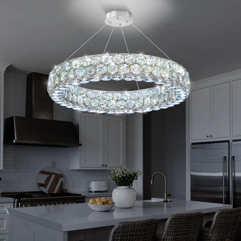 Photo 1 of Modern Ring Chandelier, Crystal Chandeliers for Dining Room Round LED Ceiling Light Fixture for Living Room Bedroom Lighting Dimmable with Remote Ring Lights, 24inch Width Light
