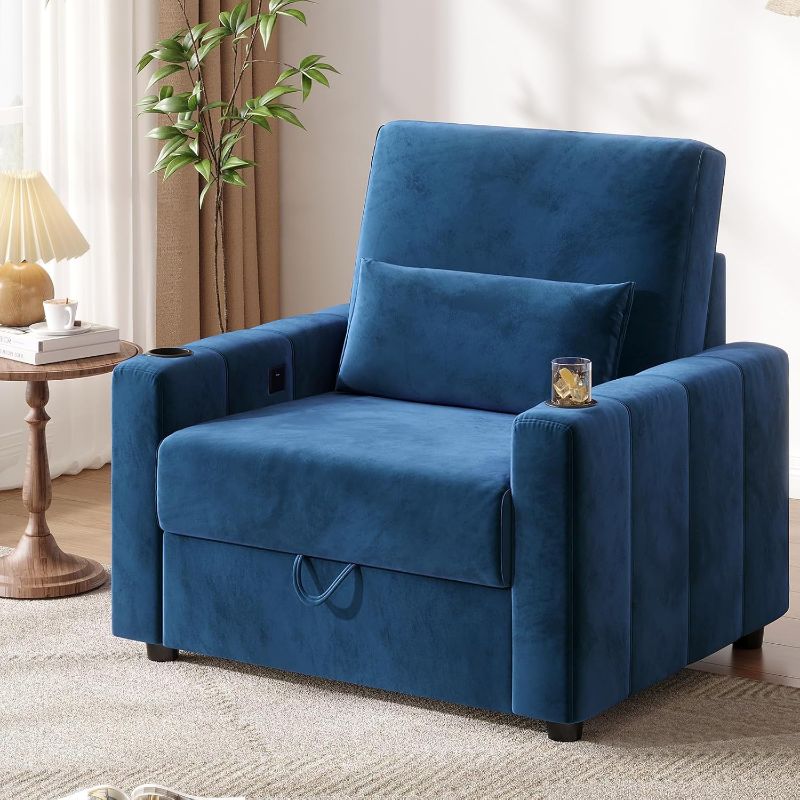 Photo 1 of 39" Velvet Accent Chair, Oversized Single Sofa Armchair with Storage, USB & Type-C Ports, Couch Side Piano Key Modern Design with Cup Holders for Living Room Game Room