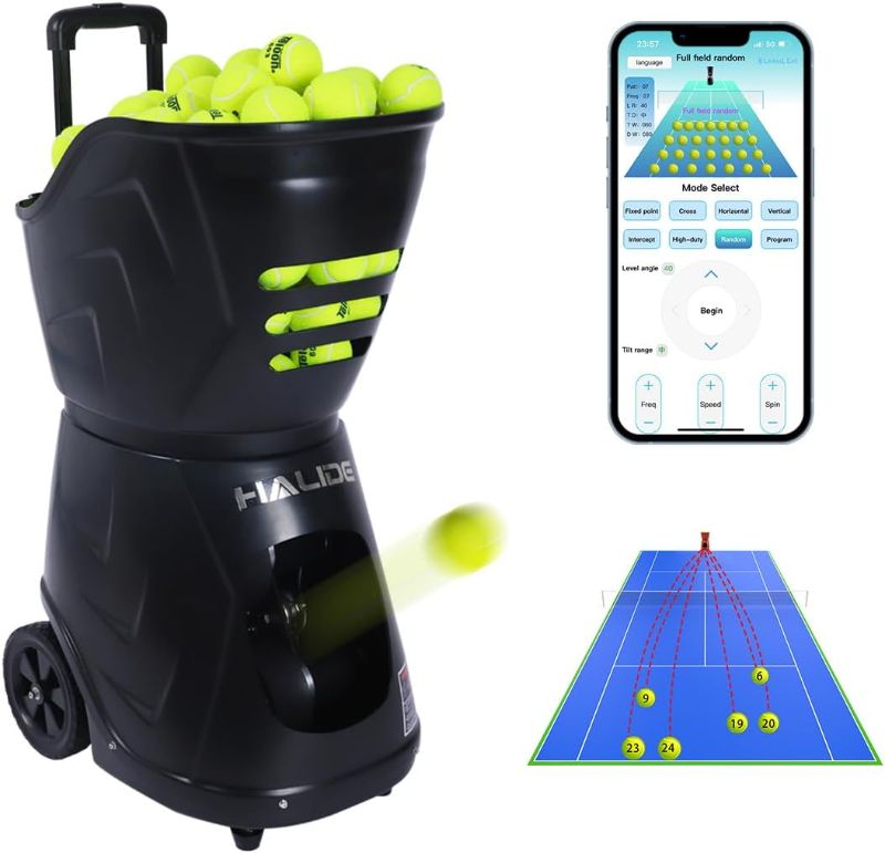 Photo 1 of HT8088A Tennis Ball Machine for Practice (28 Points, Max 87MPH), Automatic Tennis Ball Launcher/Shooter/Thrower (120 Ball Capacity), Multifunctional Tennis Ball Player (Portable)