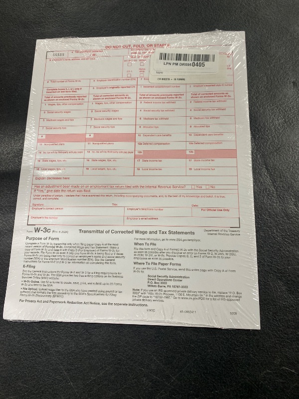 Photo 2 of W-3C Transmittal of Corrected Income Laser Tax Form ~ Wage Correction Form ~