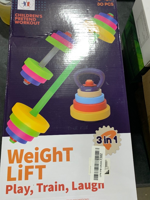 Photo 1 of Kids Exercise Weight Set - 3-in-1 Adjustable Workout Toy Equipment for Children Pretend Play Exercise - Toddler Beginner Gym, Fitness, Weightlifting and Powerlifting (Dumbbell, Barbell, Kettlebell)