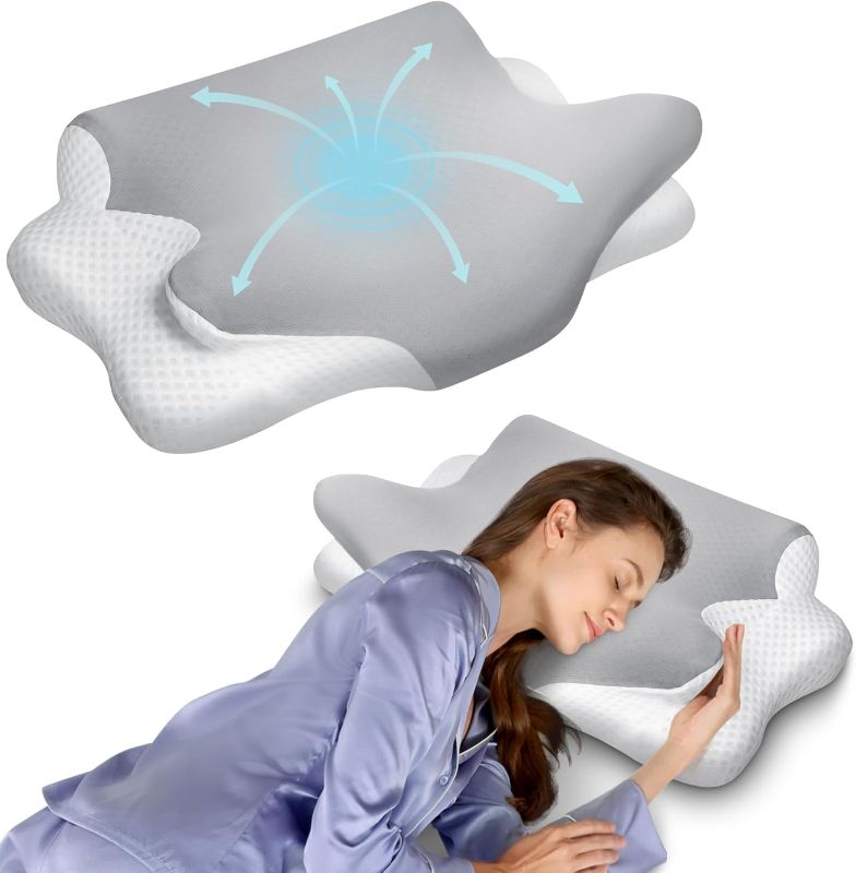Photo 1 of Cervical Neck Pillow for Pain Relief, Memory Foam Pillow for Side Sleeper Pillow, Cooling Adjustable Ergonomic Pillow for Stomach, Back & Side Sleeper with Pillowcase