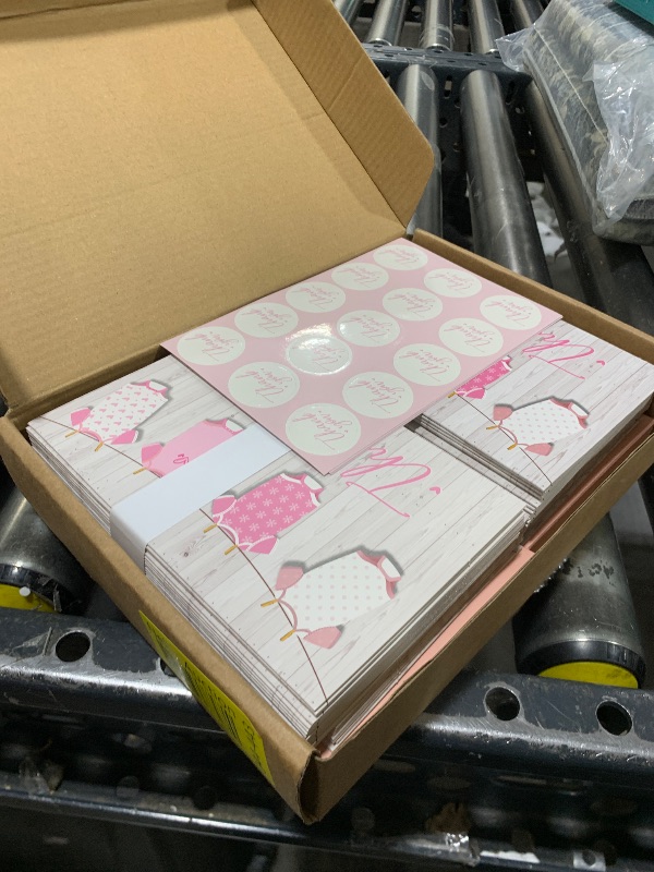 Photo 1 of 60 Pack Baby Shower Thank You Cards with Pink Envelopes for Girl, 4x6 inch with Clothesline Design and Includes 60 Cute Stickers for Appreciation