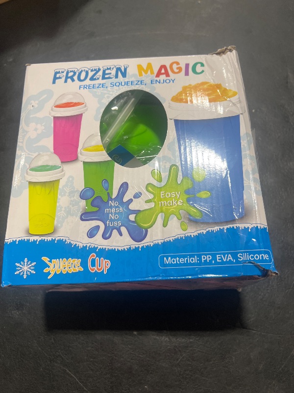 Photo 1 of Slushie Cup, 2 Pack Slushy Maker Cup, Frozen Magic Squeeze Cups for Juice Milk Yogurt Ice Cream Make, DIY Smoothie Cooling Cup with Lid & Straw for Kids Friends Family (Blue+Pink)