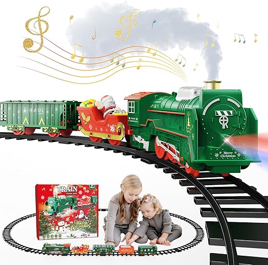 Photo 1 of train Train Set - Electric Train Sets for Boys Toddlers, Toy Train with Steam Locomotive, Santa Claus Carriage, Train Carriages, Tracks, Smokes, Lights and Music, Christmas Train for 3 4 5 6 7 8+ Years Kids