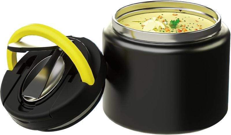 Photo 1 of 11.8 oz Thermo for Hot Food, Soup Thermo Stainless Steel, Hot Food Container with Fold-up Spoon, Flip Open Lid School Insulated Food Jar, Leak Proof, Keep Hot & Cold for Work, Black