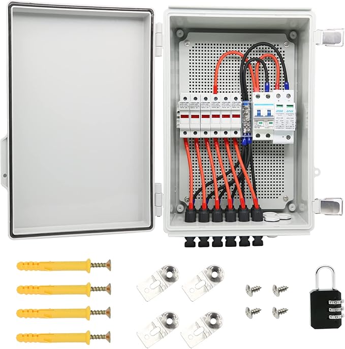 Photo 1 of 6 String Solar Combiner Box, IP65 Waterproof PV Combiner Box for On/Off Grid Solar System, with Lightning Arrester, 15ARated Current Fuse & 63A Circuit Breaker (Plastic Box)