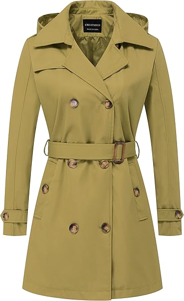 Photo 1 of CREATMO US Women's Trench Coat Double-Breasted Classic Lapel Overcoat Belted Slim Outerwear Coat with Detachable Hood xs