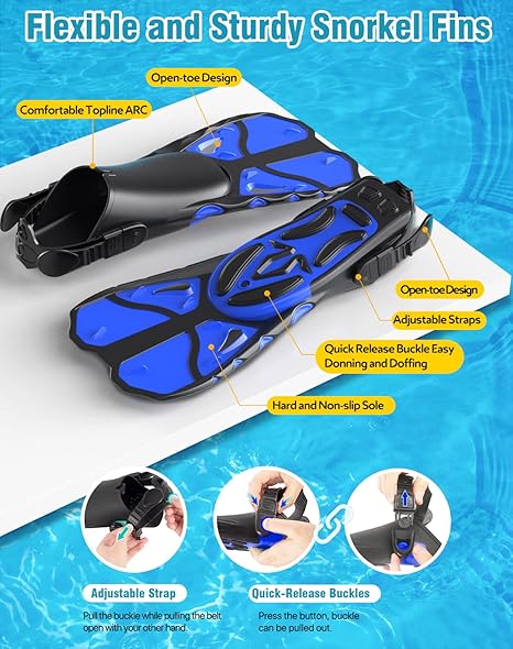 Photo 1 of  Swim Fins, Snorkel Fins with Travel Size Short Fins for Snorkeling Diving Adjustable Open Heel Flippers for Men Women Youth