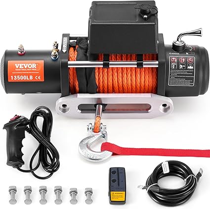 Photo 1 of VEVOR Electric Winch, 13,500 lb, 12V DC Truck Winch with ?3/8 in x 80 ft Synthetic Rope Aluminum Fairlead Wireless & Wired Remote Control, IP55 Waterproof for Towing Off-Road SUV Jeep Trailer Boat
