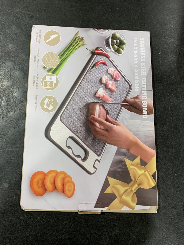 Photo 1 of Stainless Steel Cutting Board, Double Sided Chopping Board for Kitchen, Scratch-resistant Mesh Design, Non Toxic, Juice Groove, Dishwasher Safe, 304 Stainless Steel and Wheat Straw PP (15×10 In?