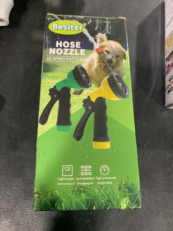 Photo 1 of Besiter Garden Hose Nozzle Sprayer: 2 Pack 10 Watering Patterns Water Hose Spray Nozzles for Garden Hose Heavy Duty Hose Head Hose Attachment for Garden Hose YellowGreen