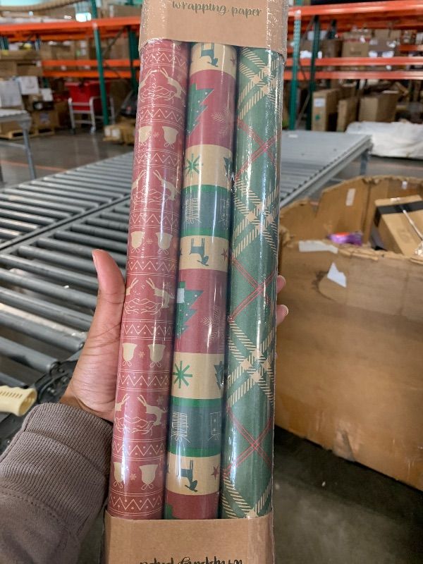 Photo 1 of Vintage Christmas Wrapping Paper Mini Roll 17 Inch X 120 Inch 3 Different Christmas Rolls, Grid, Christmas Tree, Deer and Dell Print Wrapping Paper for Kids Gift Wrapping, Christmas Family Party, Christmas Tree Decorations