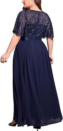 Photo 1 of     Miusol Women's Plus Size Sequin Lace Round Neck Butterfly Sleeves Formal Evening Maxi Dress (size 2XL)