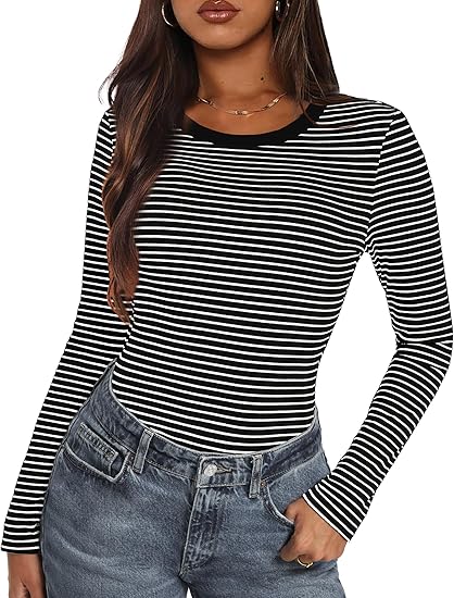 Photo 1 of 2024 Striped Shirt Women Casual Long Sleeve Tops Lightweight Crewneck Tunic Tops Fashionable Fall Winter