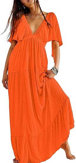 Photo 1 of 

Women Summer Dresses Sexy V-Neck Maxi Dress Tiered Silhouette with Flutter Sleeve Backless Elastic Waist Flowy size M