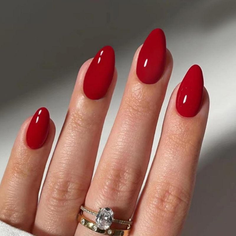 Photo 1 of 
Red Press on Nails Spring Medium Almond Fake Nails Solid Red Color False Nails Reusable Glossy Artificial Acrylic Nails Summer Nails for Women Girls Daily Wear Manicure 24pcs
