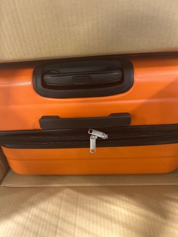 Photo 1 of Amazon Basics Hardside Luggage, Hardshell Suitcase With Wheels, Expandable For Up to 25% More Space, With Scratch-Resistant Surface, Four Multi-directional Wheels, Orange [Handle is broken and is not a carry on]