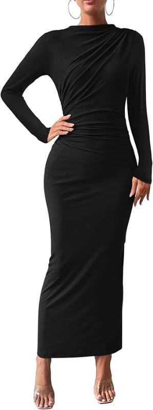 Photo 1 of BTFBM Women Bodycon Maxi Dress Long Sleeve Back Slit Ruched Elegant Party Cocktail Formal Spring Wedding Guest Dresses Size XL
