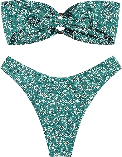Photo 1 of ZAFUL Women's Bandeau Bikini O Ring Strapless Tie Back High Cut Two Piece Swimsuit Bathing Suits