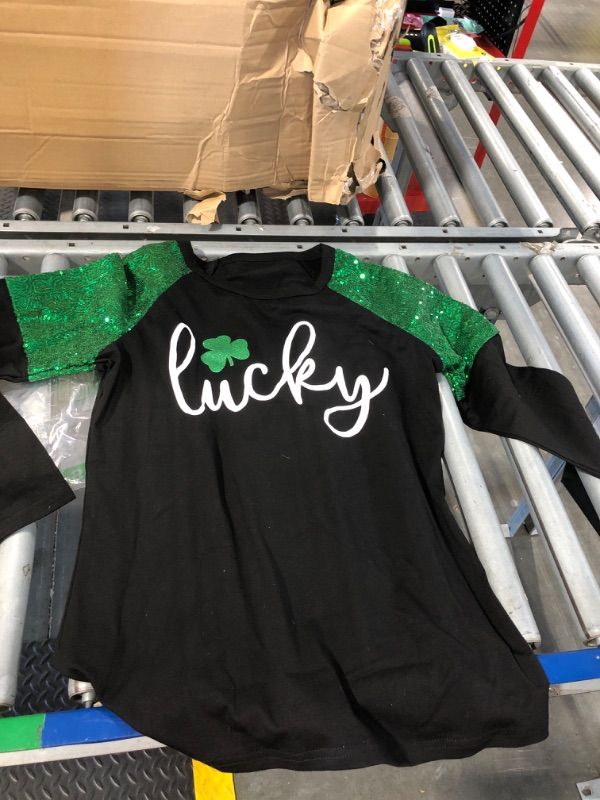 Photo 1 of **runs smaller**St. Patrick's Day Lucky Shamrock Sequined Splicing Blouse T Shirts for Women St Pattys Day Vacation Long Sleeve Tee Tops (Small, Black)