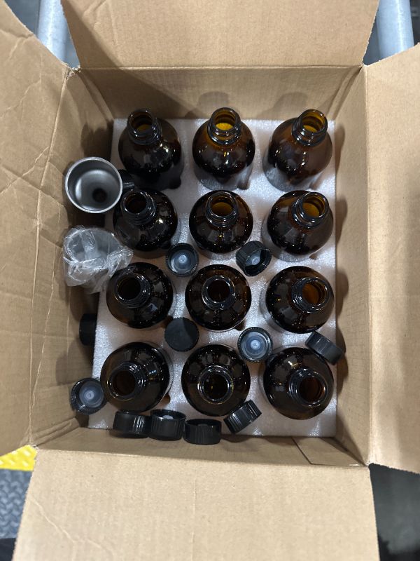 Photo 1 of 4 oz Amber Glass Bottles - Small Glass Jars with Black Lids Empty Boston Bottle,Dispensing Bottles for Homemade Vanilla Extract, Essential Oils, Herbal Medicine (12)