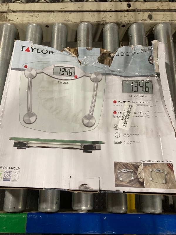 Photo 1 of ***DAMAGES TO THE BOX**Taylor Digital Bathroom Scale, Highly Accurate Body Weight Scale, Instant On and Off, 400 lb, Sturdy Clear Glass with Chrome Finish Base