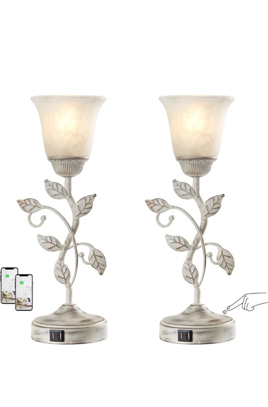 Photo 1 of RORIANO Set of 2 Rustic Touch Table Lamps for Bedroom, 3-Way Dimmable Nightstand Flower Lamp with 2 USB Ports, Retro White Glass Shade Leaf Lamp for Living Room Entryway, 2 LED Bulb Included