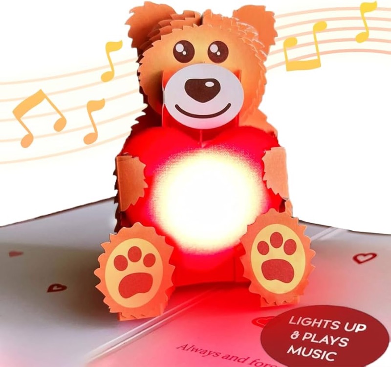 Photo 1 of 100 GREETINGS Musical Valentine Pop Up Card with Lights - Romantic Holiday 3D Greeting Cards for Couples and Partners (Teddy Bear)