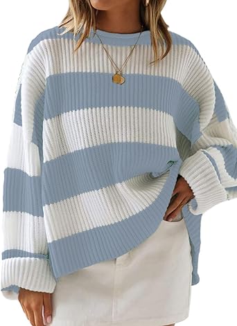 Photo 1 of ***SIMILAR PRODUCT*** 
MEROKEETY Women's 2024 Long Sleeve Striped Sweaters Casual Crewneck Color Block Ribbed Knit Pullover Tops, Blue, XL