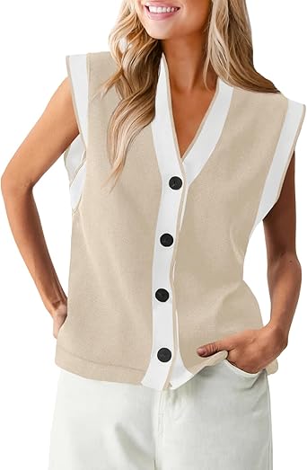 Photo 1 of ***SIMILAR PRODUCT*** 
MEROKEETY Women's V Neck Sweater Vest Cap Sleeve Color Block Knit Tank Tops Button Down Going Out Cardigan, Khaki, S