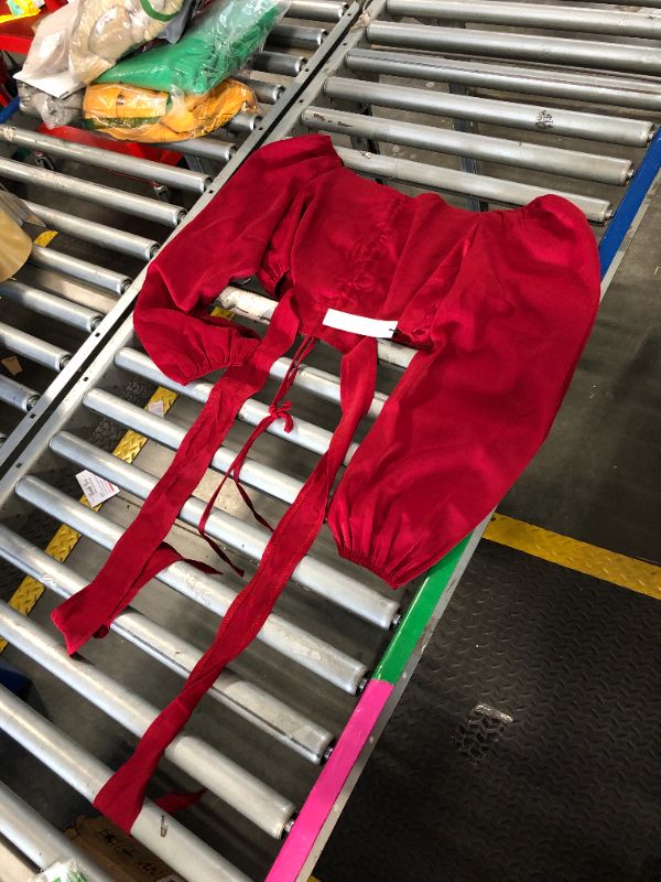 Photo 1 of ***only top part, missing skirt. LARGE SIZE*** LYANER Women's 2 Piece Outfits Tie Knot Front Bell Long Sleeve Crop Top and Mini Skirt Set Purplish Red Large
