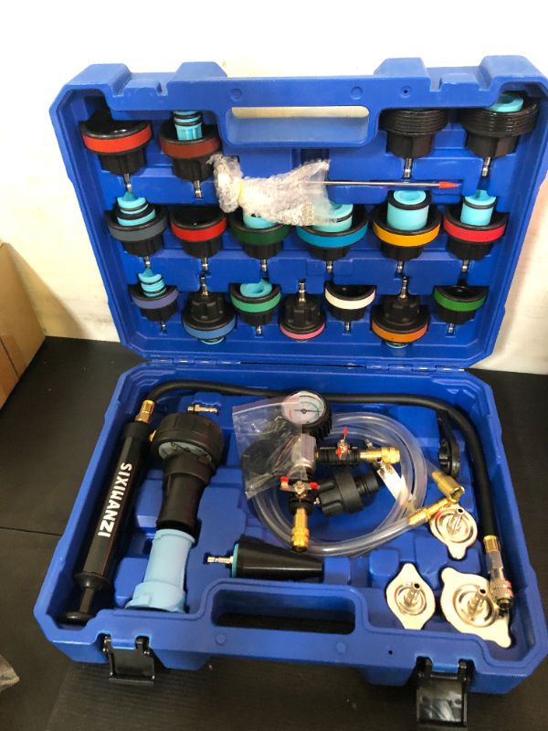 Photo 1 of SIXIWANZI 31pc Coolant Pressure Tester and Vacuum Refill Kit with 24 Radiator Adapters, Universal Radiator Pressure Tester Kit for Automotive Cooling System Water Tank Leakage Detection