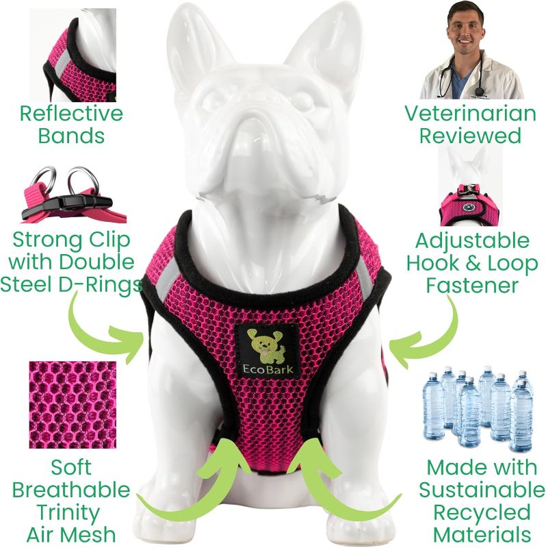 Photo 1 of EcoBark Step in Dog Harness - Eco-Friendly Teacup Dog Harnesses for XXS, XS, and Small Dogs - Reflective and Adjustable Mini Body Halter Vest -Tiny Soft Mesh Toy Breed Harness Under 5 lbs (Pink, XXS)