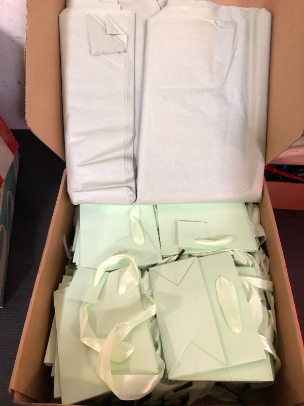 Photo 1 of Zhanmai 100 Pcs 4.7 x 2.4 x 3.9 Inch Mini Gift Bags Bulk with Tissue Paper Kraft Paper Bag with Handle Gift Tag for Birthday, Valentine‘s Day, Wedding Showers (Sage Green)