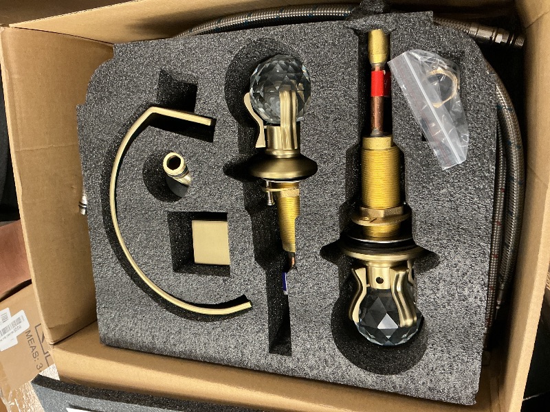 Photo 1 of BANGPU Bathroom Sink Faucet 3 Hole Widespread Waterfall Bathroom Faucets with Crystals Handles Basin Mixer Tap 8-Inch High Arc Vanity Faucet with Supply Hose, Brushed Gold