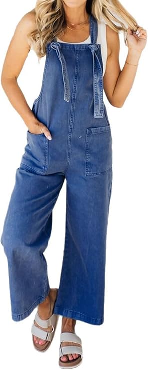 Photo 1 of chouyatou Women's Summer Wide Leg Denim Overalls Jeans Loose Boho Beach Denim Jumpsuits Capri Pants. XL
