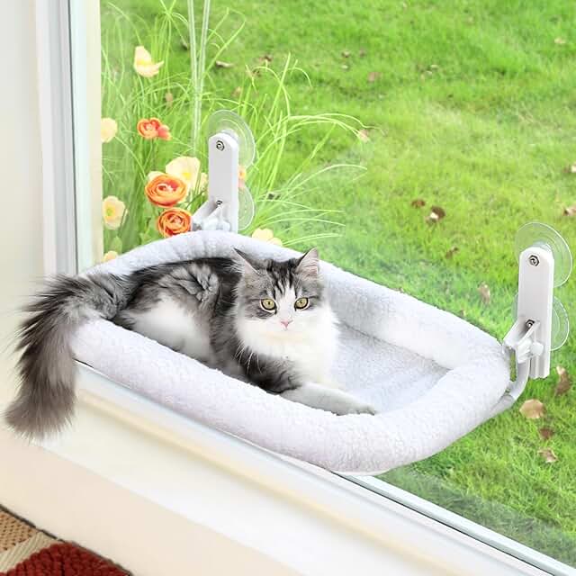 Photo 1 of Foldable Cat Hammock for Window - Cordless, Embeded Machine Washable Bed, Robust Metal Frame - Cat Window Perch for Large Cats and Kittens (White Bolster Bed, Medium)