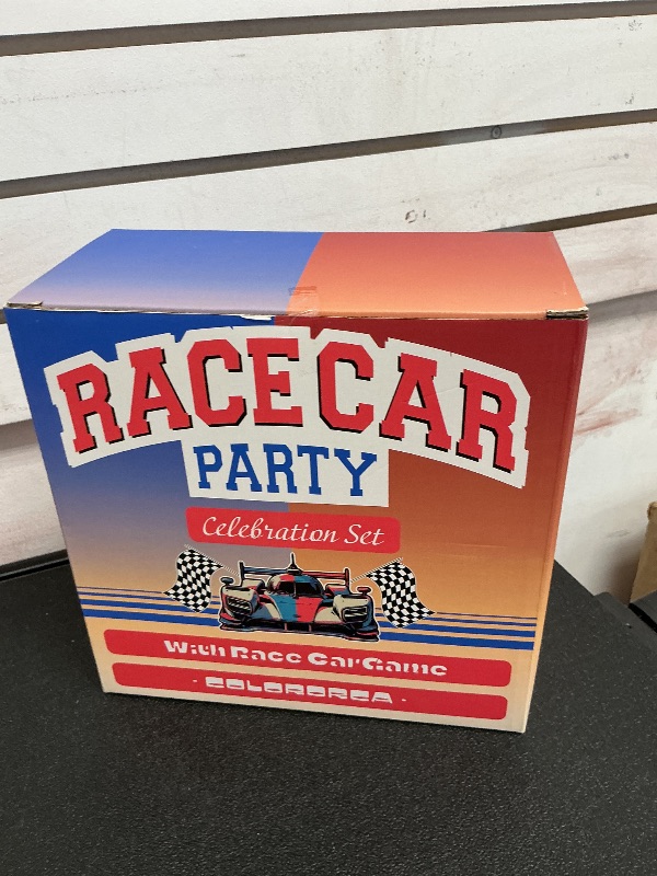 Photo 1 of Racecar Party Decorations Set - Race Car Party Supplies Kit With Free Mini Racecar Table Game, Includes Plates, Napkins, Cups, Tablecloth, Forks, Banner, Cars, Celebration Set For Birthday | Serve 20