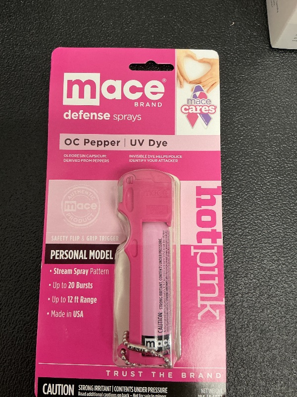 Photo 1 of Mace Brand Self Defense Mace Pepper Spray, 12' Spray Stream, 10% OC Pepper Spray with UV Marking Dye, Attention-Grabbing Pink Case, Keychain & Belt-Clip, 18 Grams, 4.25" x 1.25" Personal Size (80347), Hot Pink