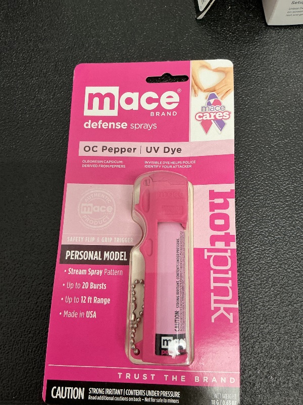 Photo 1 of Mace Brand Self Defense Mace Pepper Spray, 12' Spray Stream, 10% OC Pepper Spray with UV Marking Dye, Attention-Grabbing Pink Case, Keychain & Belt-Clip, 18 Grams, 4.25" x 1.25" Personal Size (80347), Hot Pink