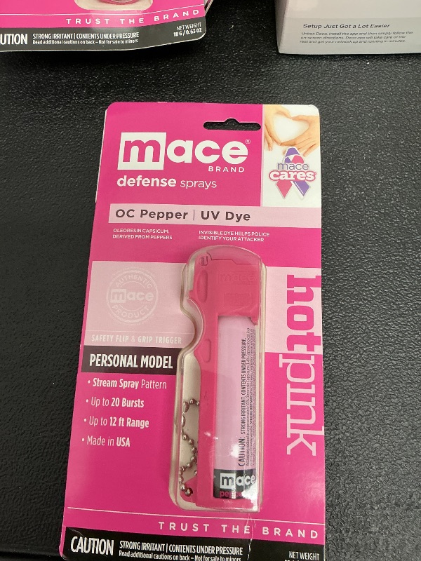 Photo 1 of Mace Brand Self Defense Mace Pepper Spray, 12' Spray Stream, 10% OC Pepper Spray with UV Marking Dye, Attention-Grabbing Pink Case, Keychain & Belt-Clip, 18 Grams, 4.25" x 1.25" Personal Size (80347), Hot Pink