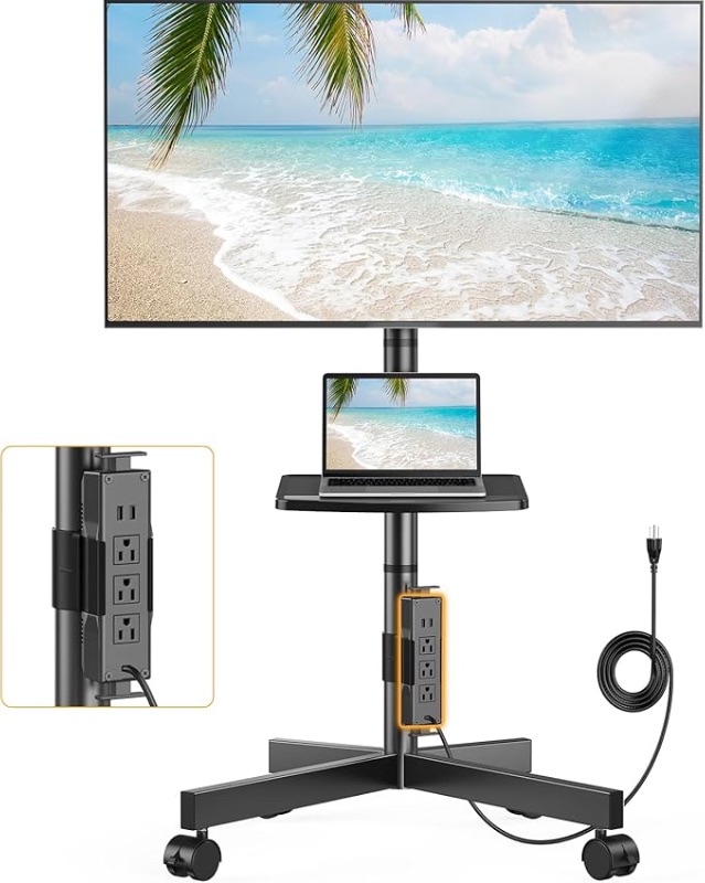 Photo 1 of Perlegear Mobile TV Cart, Clip-On Integrated Power Supply, Rolling TV Stand Portable for 23-60? TVs (up to 88 lbs), 3 Height Levels with Adjustable Tray, TV Stand with Wheels, Max VESA 400x400mm