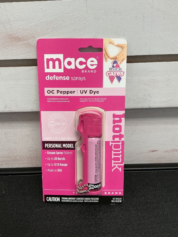 Photo 1 of Mace Brand Self Defense Mace Pepper Spray, 12' Spray Stream, 10% OC Pepper Spray with UV Marking Dye, Attention-Grabbing Pink Case, Keychain & Belt-Clip, 18 Grams, 4.25" x 1.25" Personal Size (80347), Hot Pink
