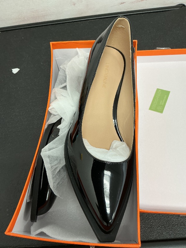 Photo 1 of LingxiaUne Black Patent Leather Shoes for Women Fashion Forward Elegant Dressy Womens Pumps and Loafers with Low Chunky Heel and Sleek Pointed Toe Design Fashion Forward Size 7