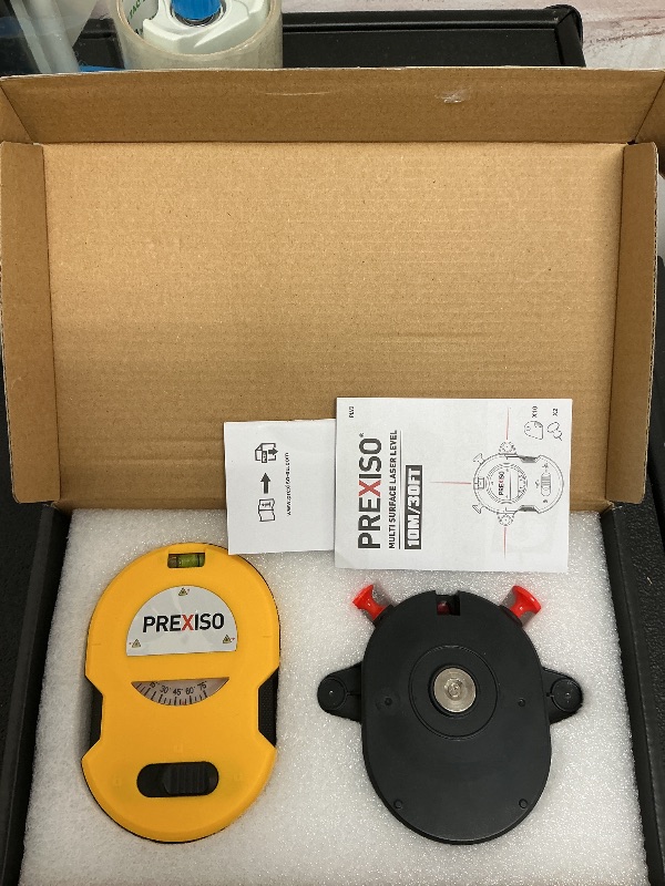 Photo 1 of PREXISO Multi Surface Laser Level LED Light Vial, 30Ft Horizontal & Vertical Line Laser with Wall Mount Base, 2 Pins, 10 Sticker, 2 AA Batteries for Hanging Frames & Picture, Construction Wall Writing