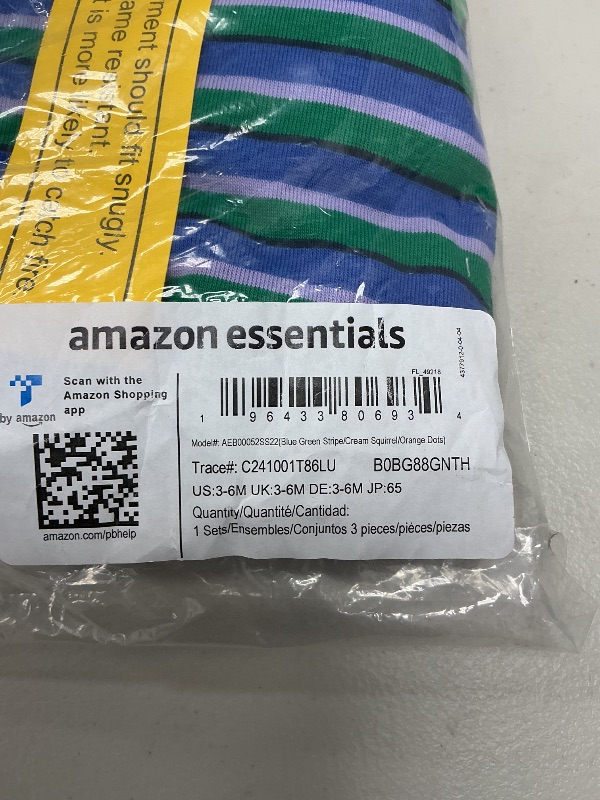 Photo 1 of Amazon Essentials Unisex Babies' Snug-Fit Cotton Footless Sleeper Pajamas, Pack of 3, Blue Green Stripe/Cream Squirrel/Orange Dots, 3-6 Months