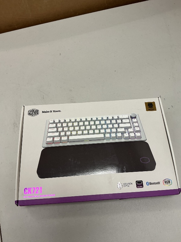 Photo 1 of Cooler Master CK721 65% Hybrid Wireless 2.4GHz/Bluetooth Silver/White Mechanical Gaming Keyboard, Tactile Brown Switches, Customizable RGB, Ergonomic Design, 3-Way Dial, QWERTY (CK-721-SKTM1-US)