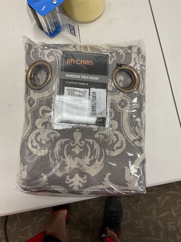Photo 1 of jinchan Room Darkening Curtains for Bedroom Grey Damask Patterned Curtains 96 Inch Length for Living Room Linen Textured Vintage 8FT Long Drapes Medallion Window Treatments Grommet Top 2 Panels Set