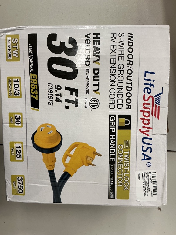 Photo 1 of 30ft RV Extension Cord 30 AMP (TT-30P/L5-30R) with Twist-Lock Connector and Grip Handle, Hook and Loop Strap - STW 10/3 AWG 125 Volt - Heavy Duty - by LifeSupplyUSA
